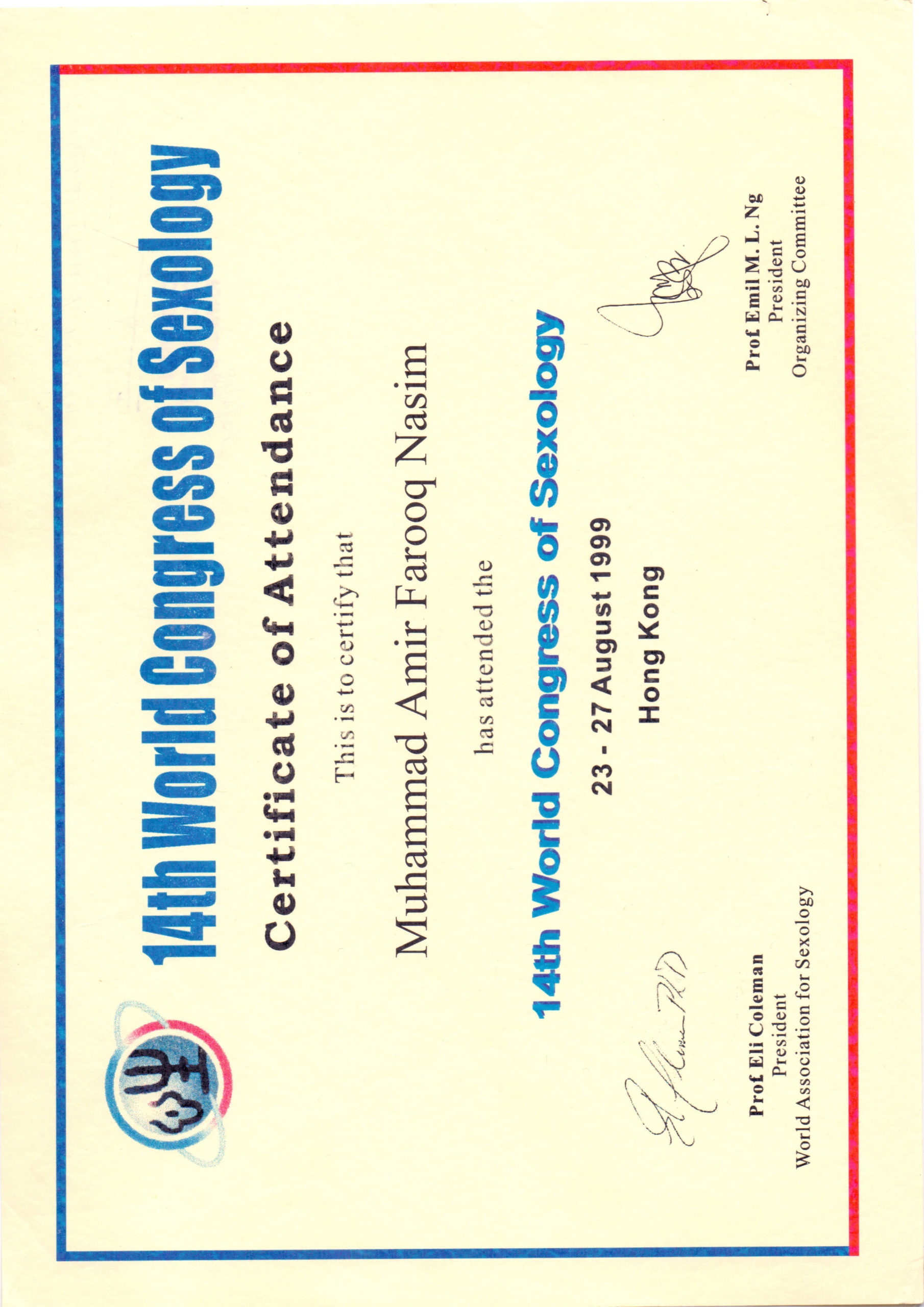 Certificate of Appreciation on 14th world conference of sexology