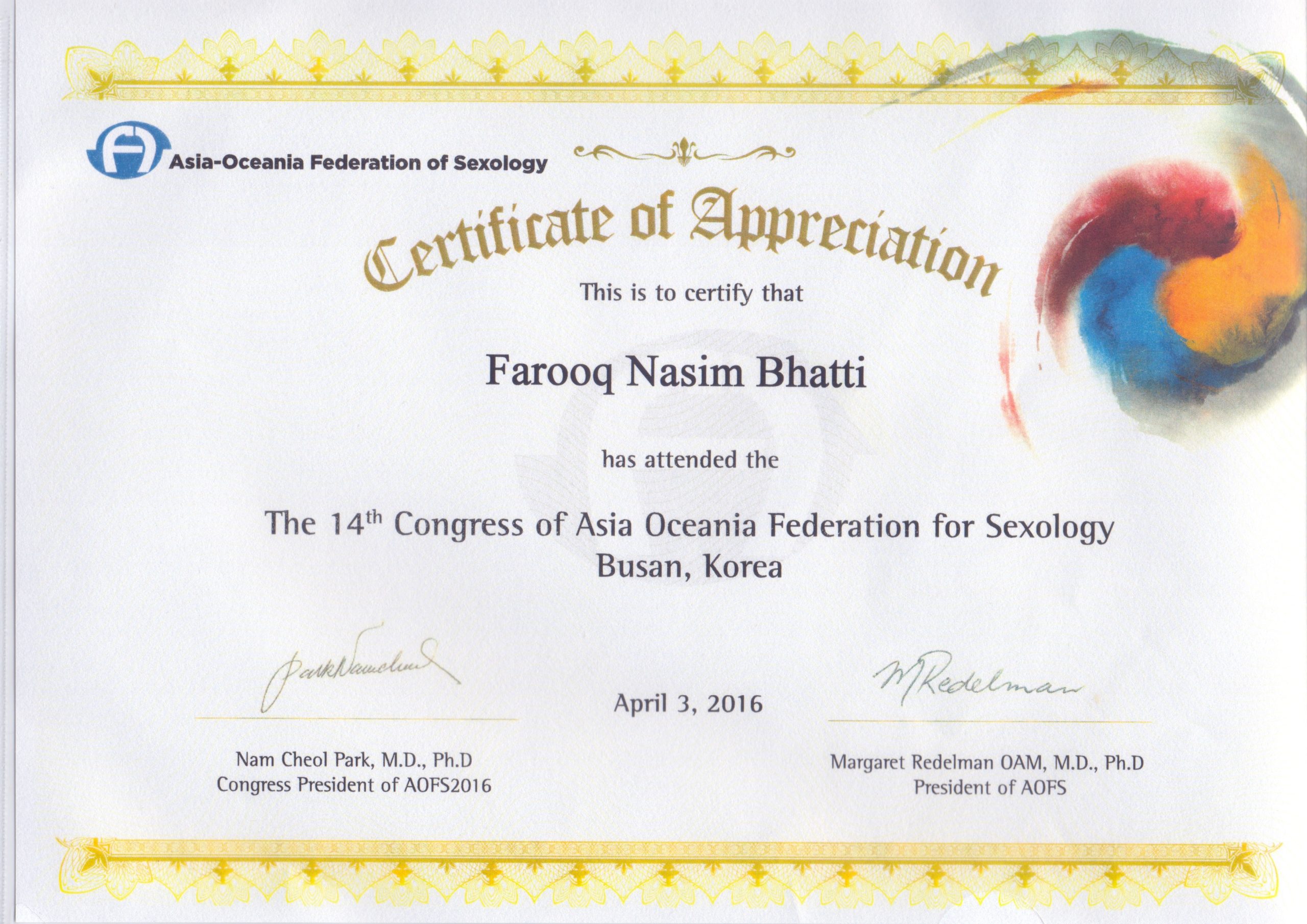 Certificate of Appreciation for Farooq Nasim Bhatti