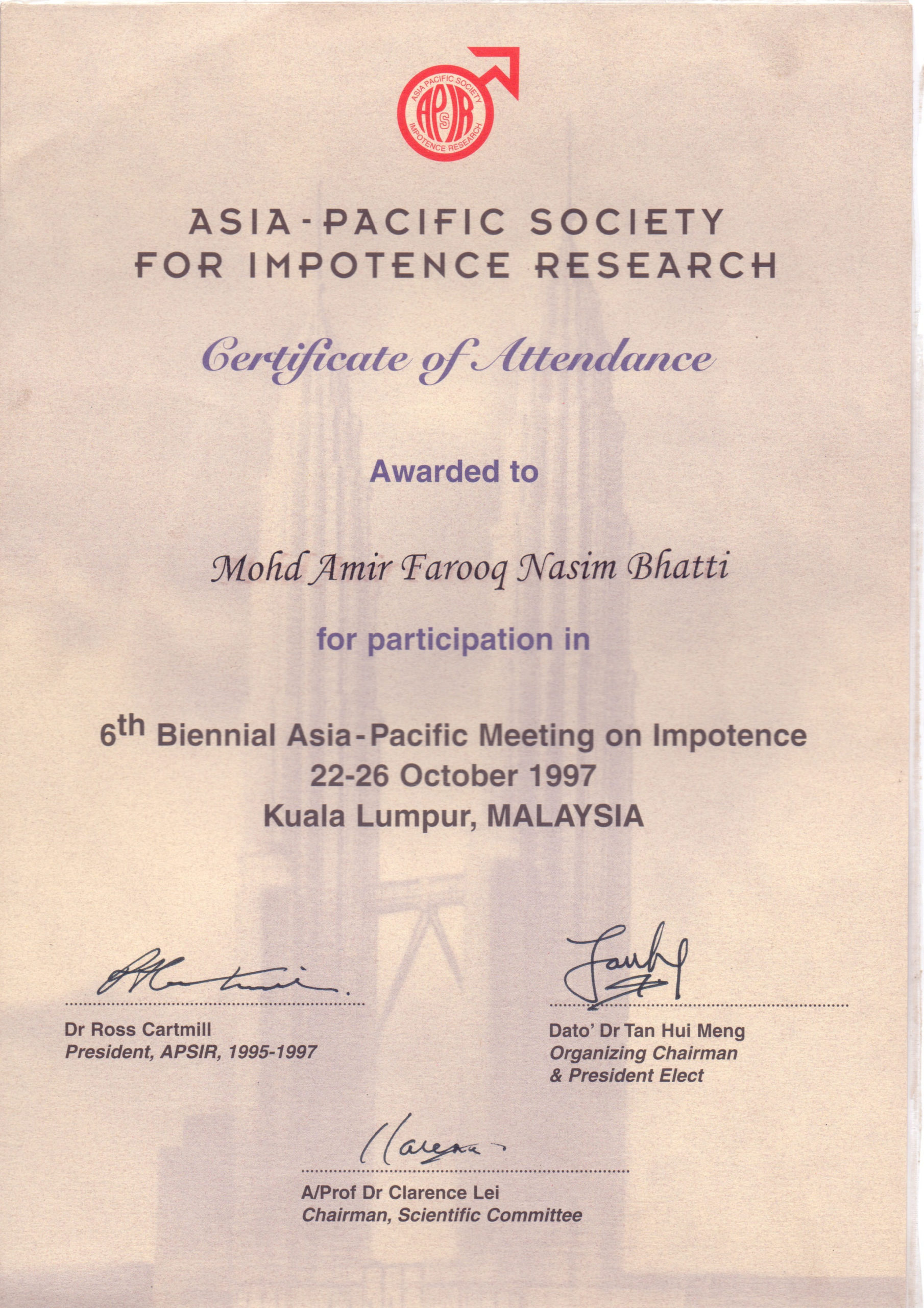 Asia Pacific Society for Impotence Research given certificate to Dr. Farooq Nasim Bhatti