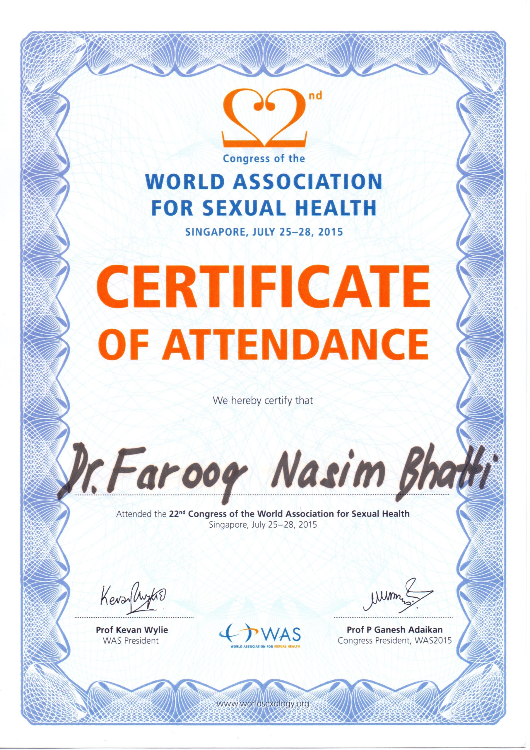 Certificate of attendance for Dr. Farooq Nasim Bhatti